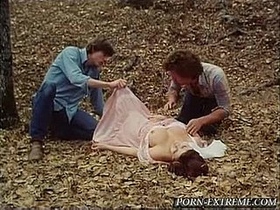 Surprisingly passionate encounter: Man has sex with submissive woman reenacting vintage porn scene outdoors