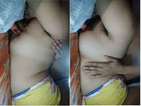 Husband's hands on boobs of Desi boudi